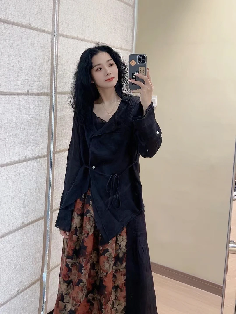 苎麻系带不规则长袖衬衫气质显瘦时尚文艺V领防晒新款黑色上衣