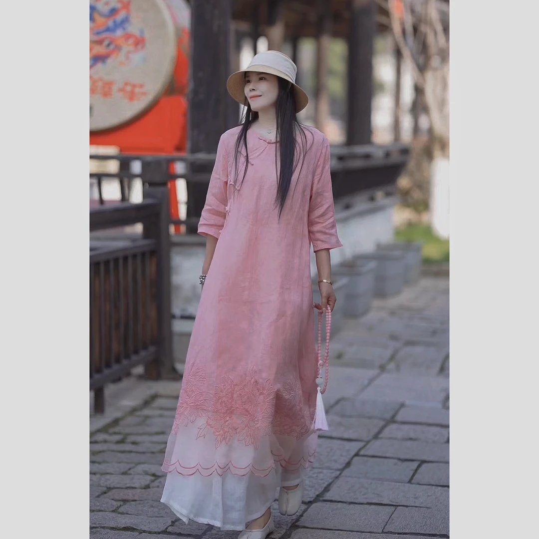 苎麻烧花刺绣文艺复古中国风气质显瘦长裙夏季裙子甜美改良旗袍