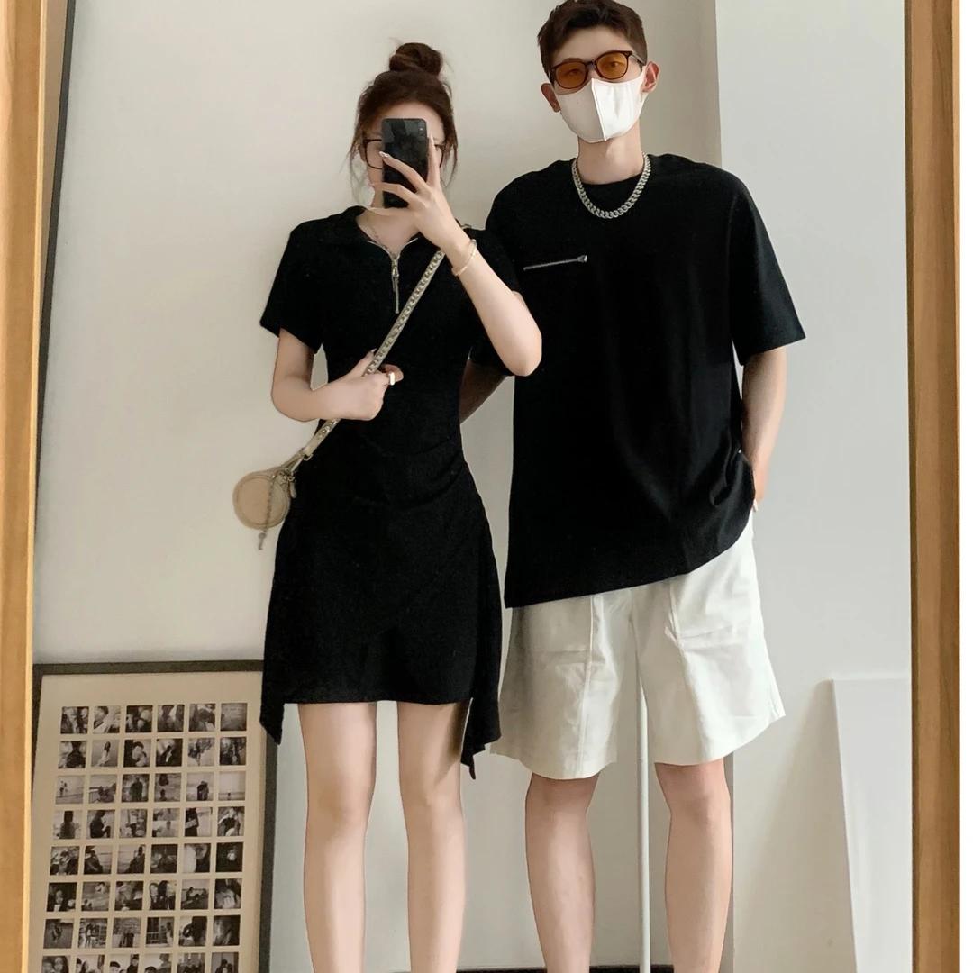 小众设计感情侣装夏季2023韩版短袖T恤女连衣裙法式一裙一衣ins潮