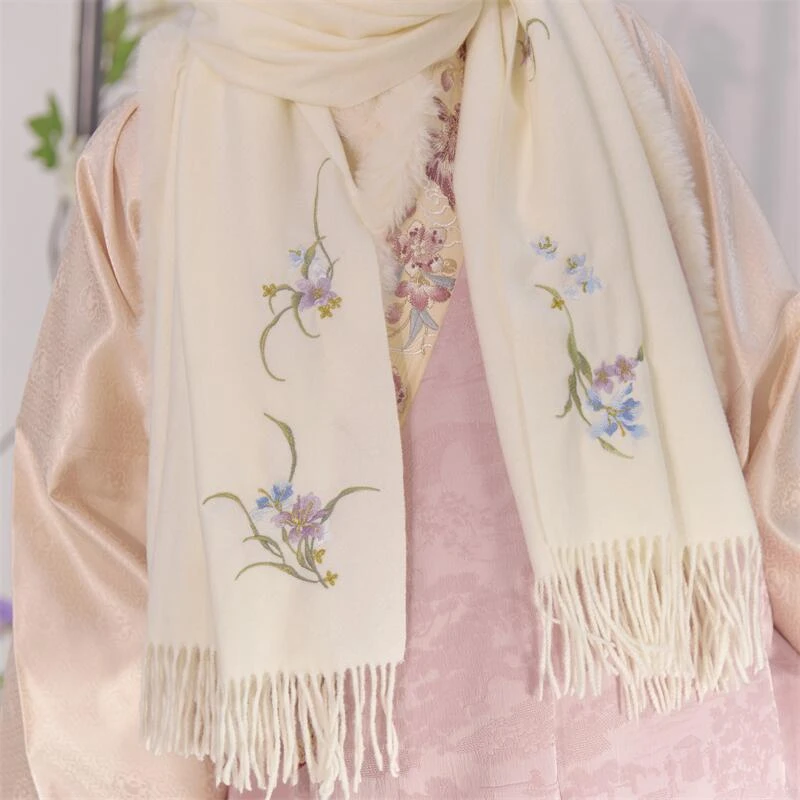 云深雾浅 鸢尾围巾 原创仿羊绒绣花围巾古风刺绣披肩汉服配饰保暖