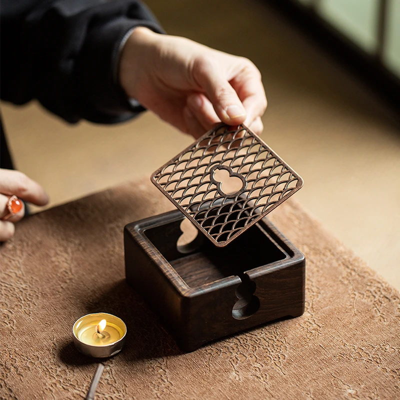 黑檀木温茶炉温酒暖茶胡桃木复古花茶烤茶温茶器蜡烛公杯加热底座