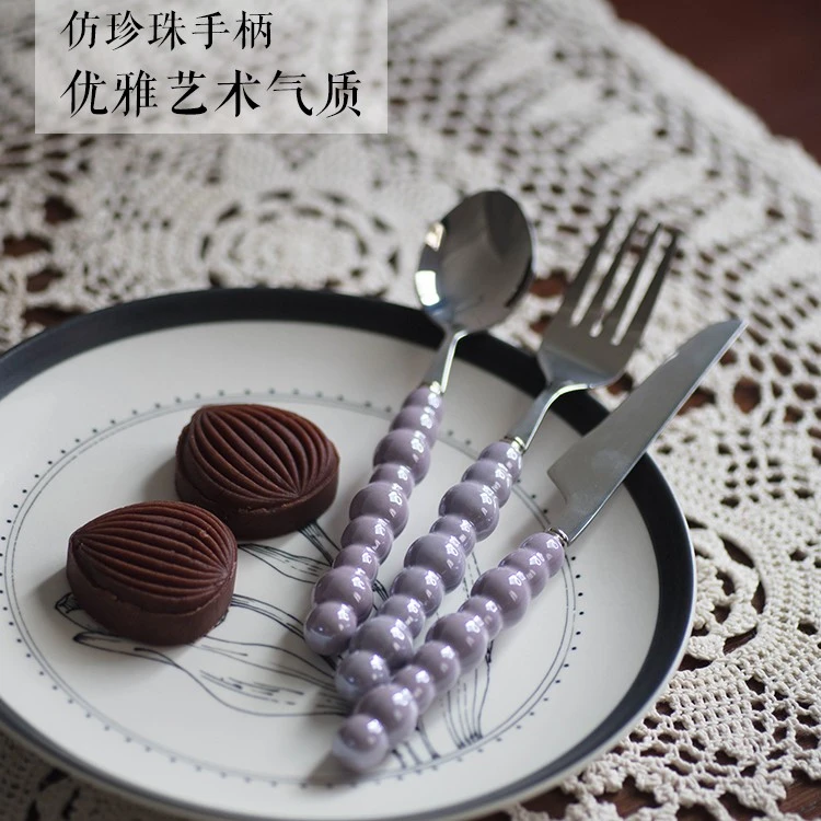 仿珍珠叉勺不锈钢陶瓷刀叉高颜值欧式家用餐具盘子牛排简约西餐刀