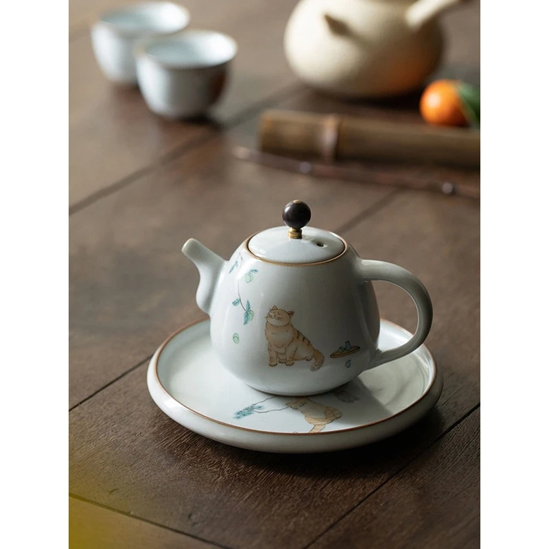 汝瓷猫咪茶壶粗陶工笔画开片陶瓷功夫茶壶侧把泡茶壶手执壶大茶壶