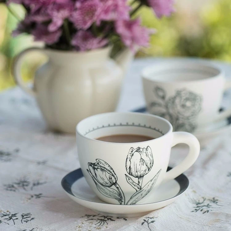 景德镇纯手绘咖啡杯精致花朵文艺带托马克杯牛奶杯茶杯碟圆盘陶瓷