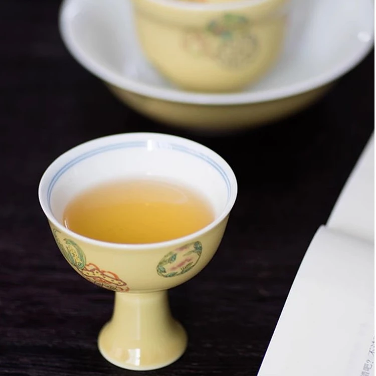 功夫道拟古团花葫芦盖碗茶盘壶承复古黄釉陶瓷茶碗带托防烫泡茶碗