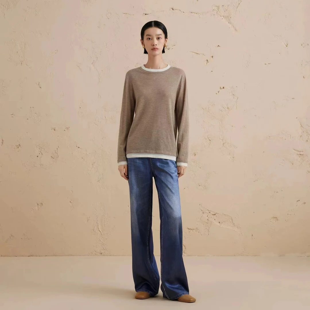 111【哈迪185】圆领假两件针织T恤女24秋新品宽松休通勤套衫-m1205