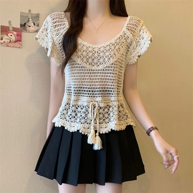民族风钩花镂空冰丝针织短袖宽松T恤女夏季防晒罩衫甜辣上衣TT003