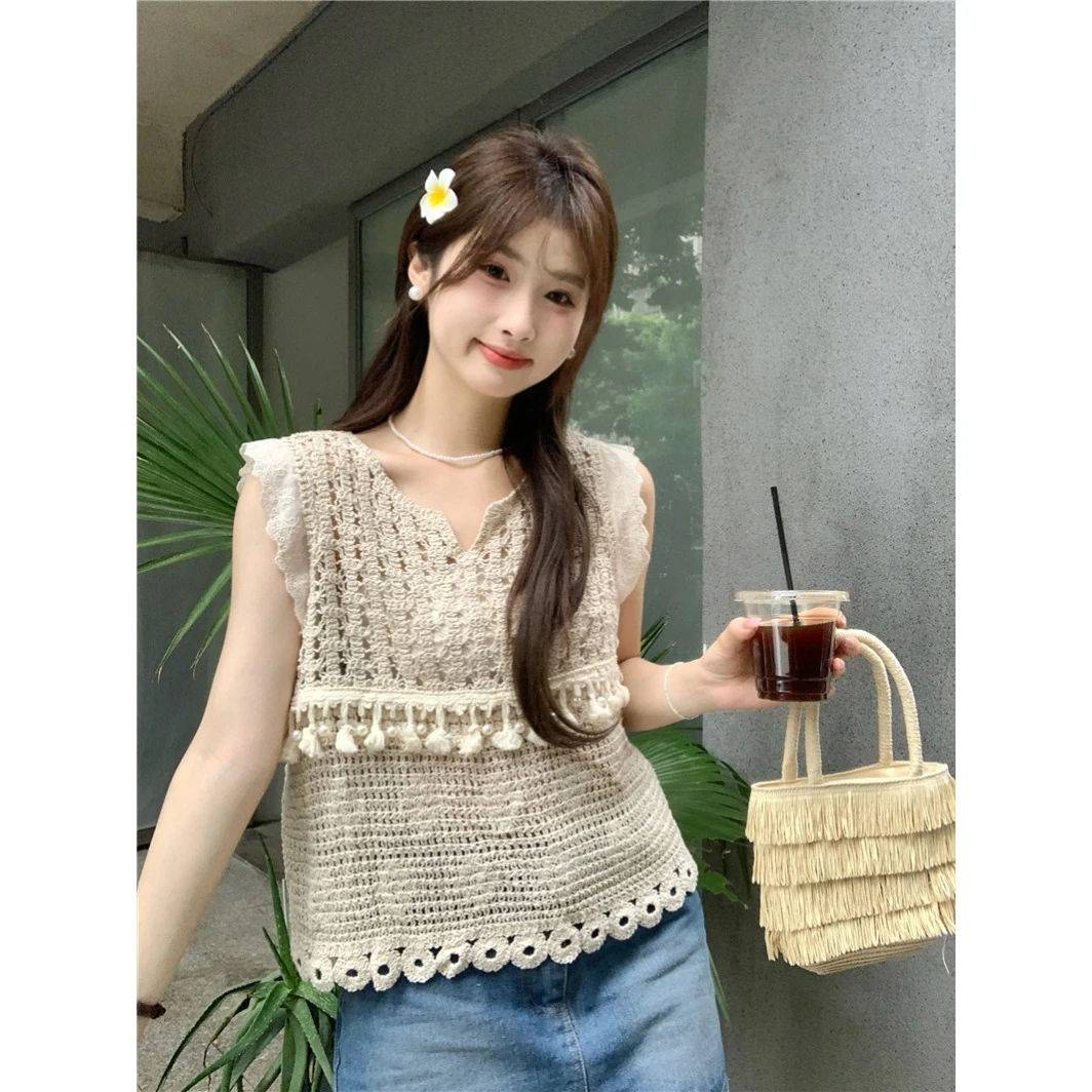 法式复古镂空钩花蕾丝拼接背心女装夏季小众别致设计感上衣TT029