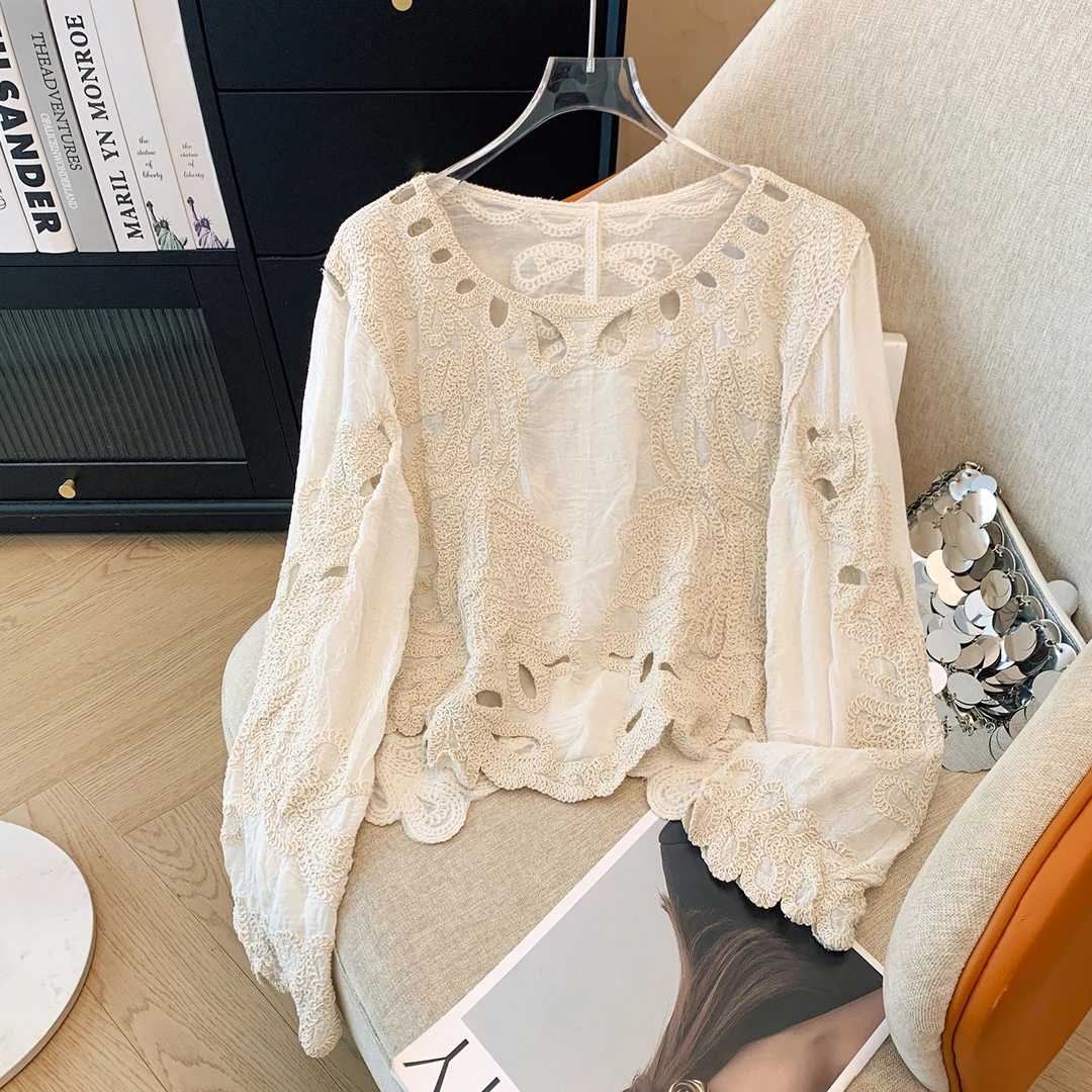 韩版法式镂空蕾丝刺绣高级感长袖衬衫女秋季甜美宽松小衫CXTT004