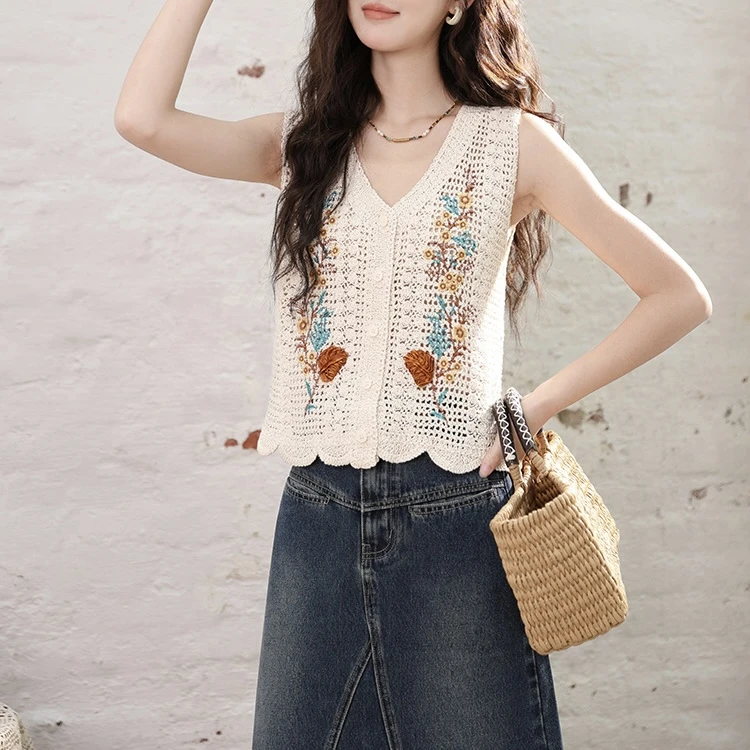 2025夏新款复古小众叠穿重工提花镂空马甲女针织开衫上衣女KS006