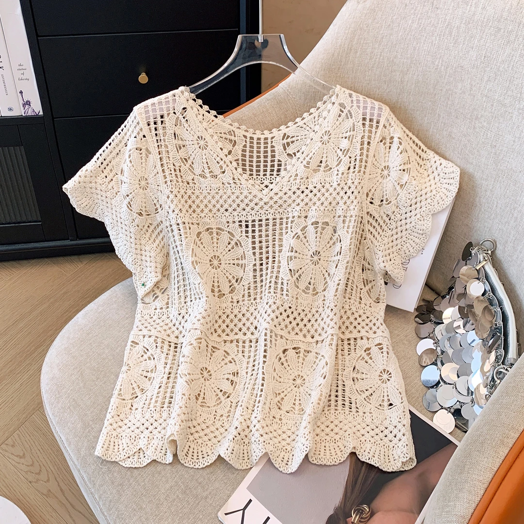 2025春季新款蕾丝刺绣钩花衫夏季时尚花边短袖宽松上衣女DXTT003