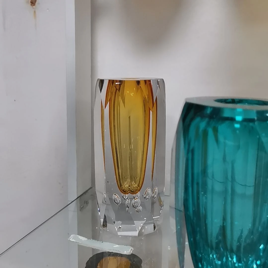 高20琥珀冷切钻石磨刻琉璃花器