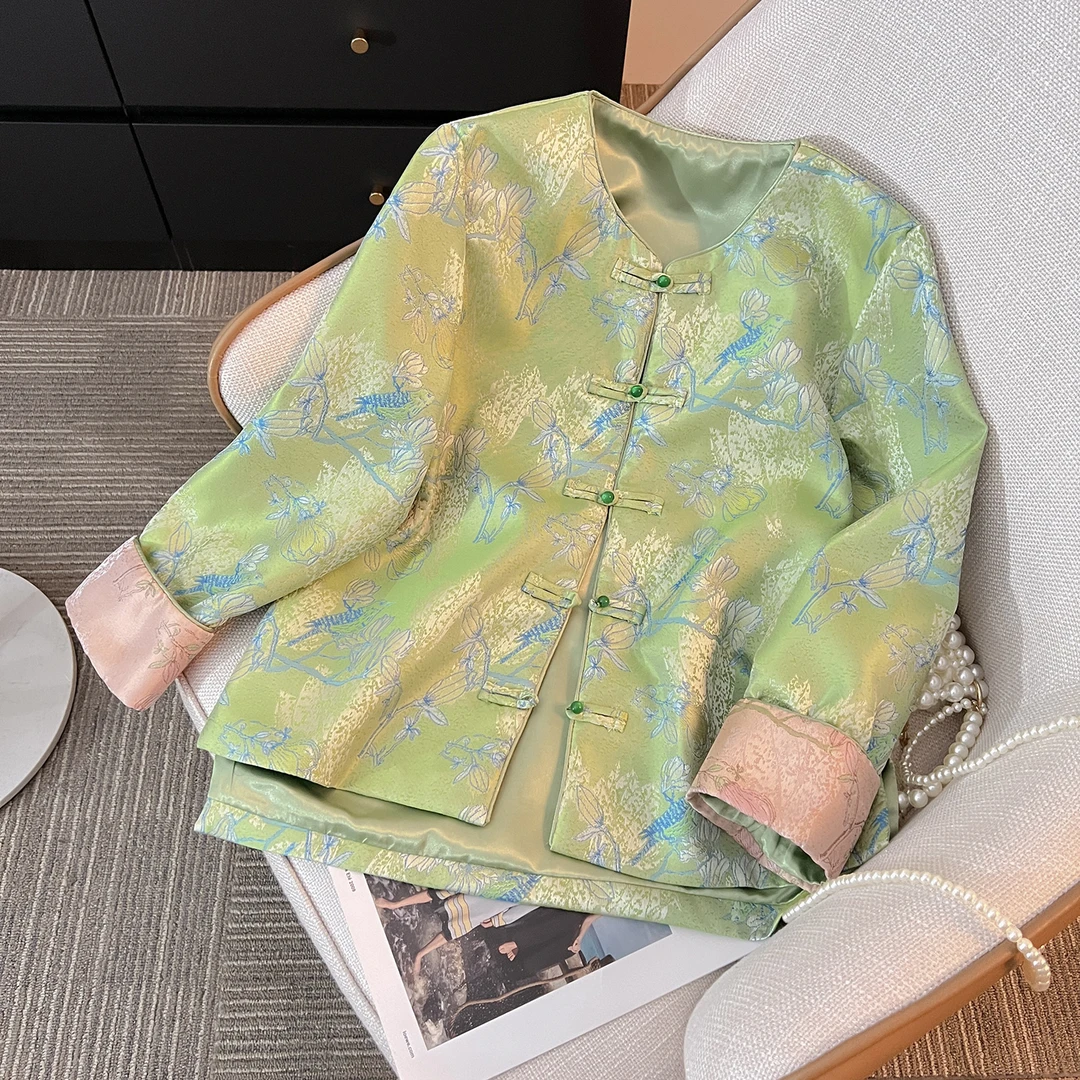 2024喜上眉梢金钱提花刺绣春季新中式国风缎面提花盘扣外套女