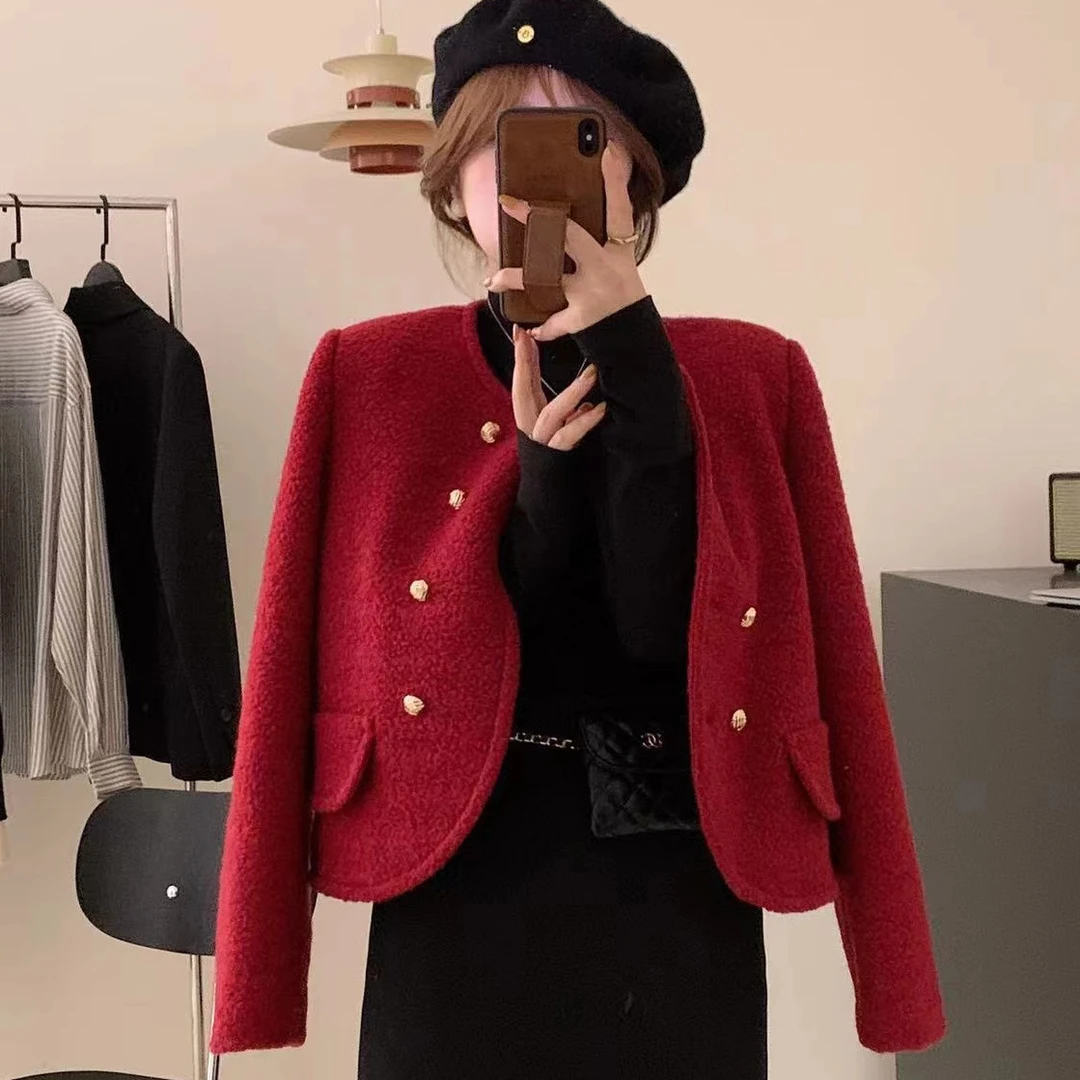 时尚红色短外套开衫百搭秋冬网红小香风短款名媛显瘦小个子复古