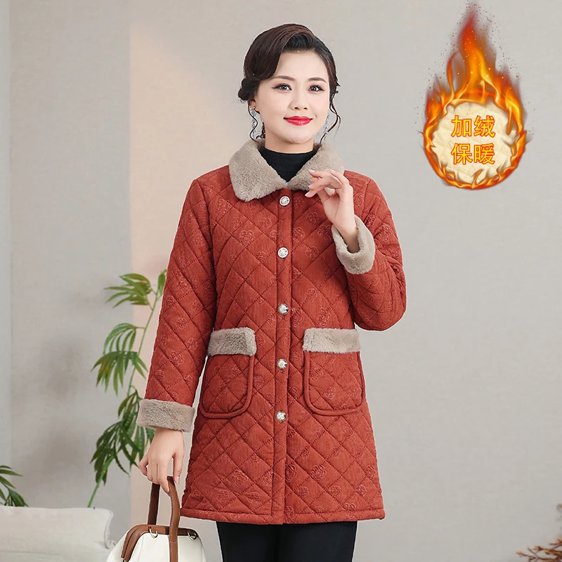 妈妈冬装棉袄加绒加厚棉衣服中长款中老年冬季外套保暖纯色棉服女