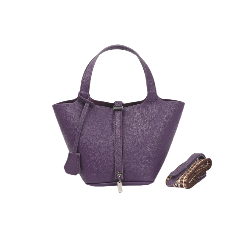 软皮休闲时尚菜篮子手提包流行款荔枝纹单肩斜挎包#3212帝王紫