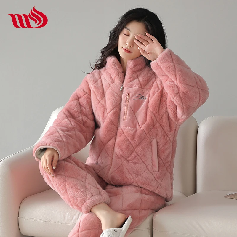 【零下5-15°C】夹棉睡衣女士冬珊瑚绒三层家居套装加厚加绒