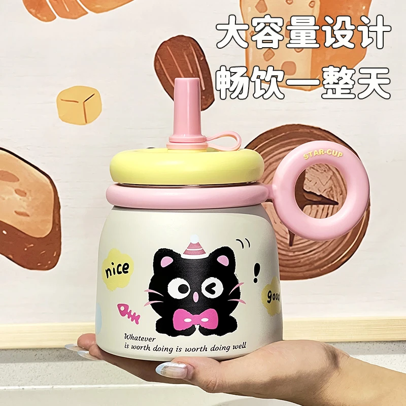 小猫桌面吸管杯茶水分离大容量可爱高颜值水杯办公室泡茶带防尘帽
