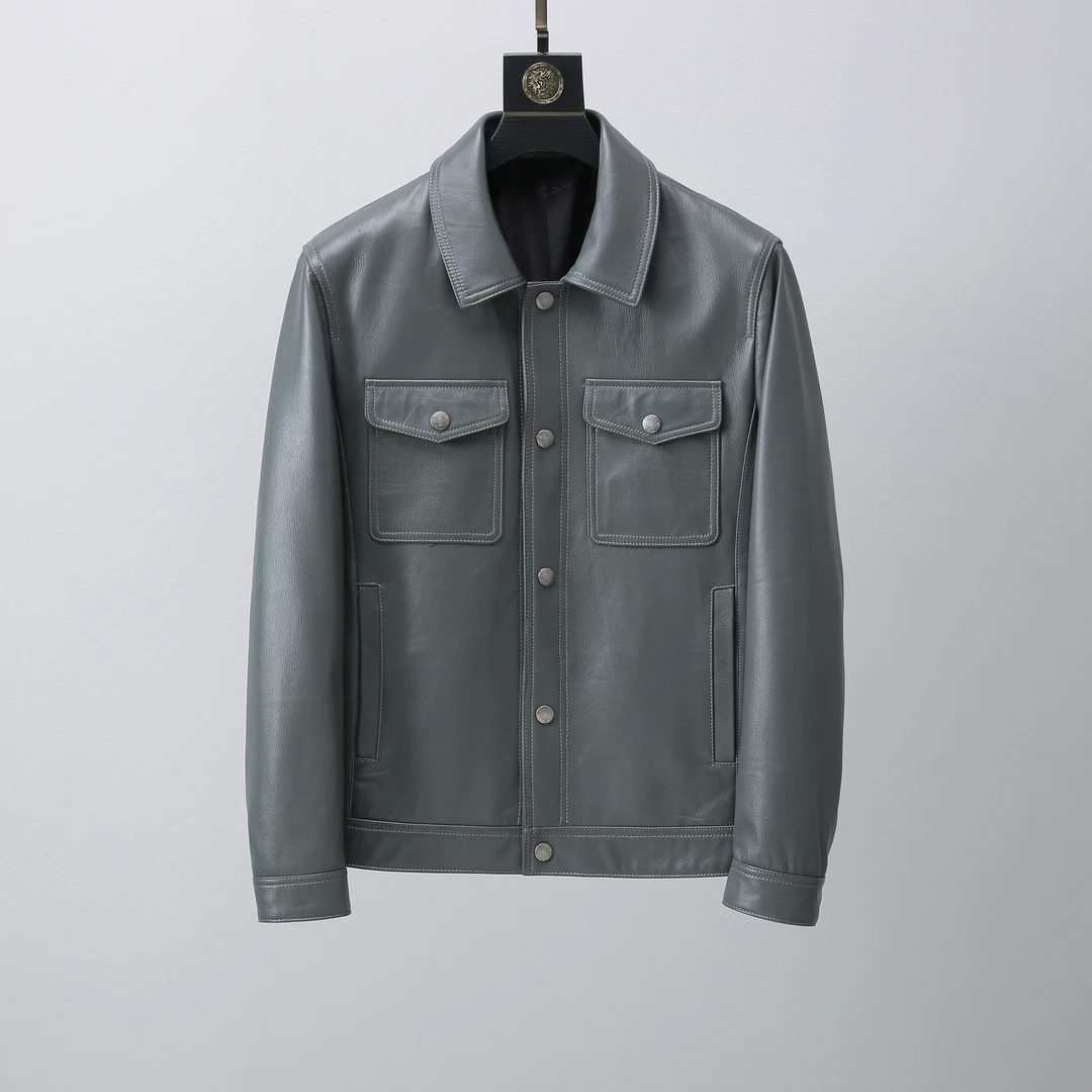 陈百万 春秋新款头层小牛皮 男士真皮商务休闲翻领大象灰夹克外套