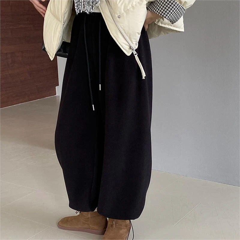 江左2024高腰束脚运动裤女秋冬加绒加厚直筒休闲抽绳百搭宽松裤子