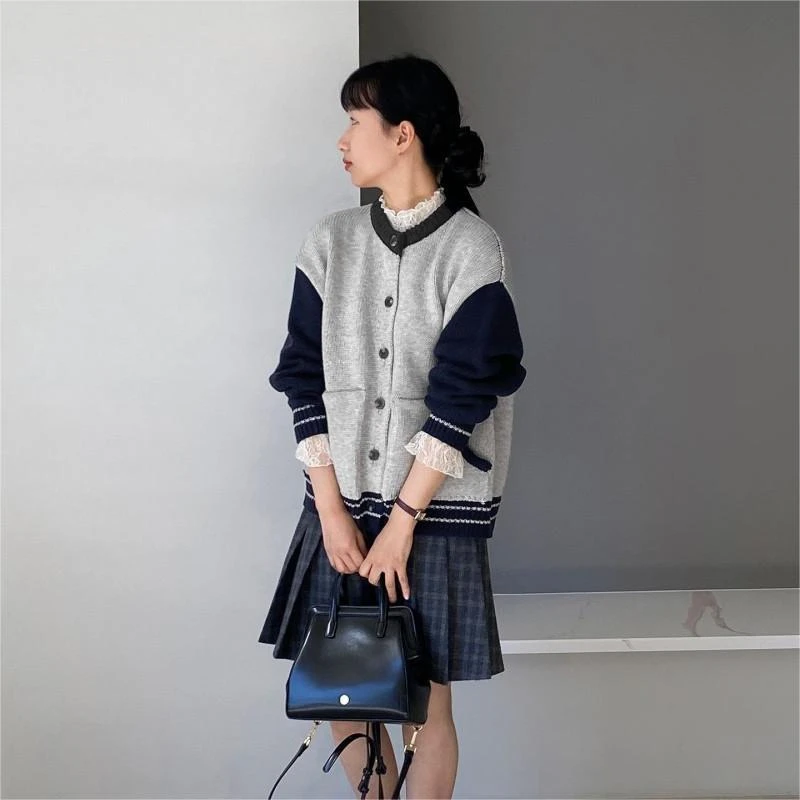 江左2024韩系学院风撞色套头长袖毛衣休闲外套女洋气秋冬秋季
