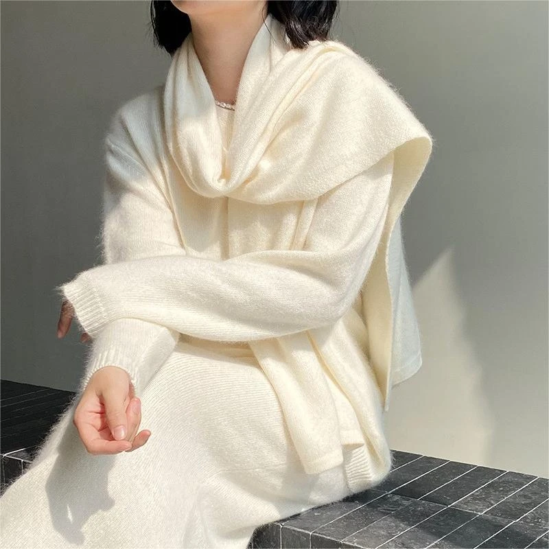 2024东韩版针织衫套装女浣熊绒高腰半身裙保暖纯色围巾三件套