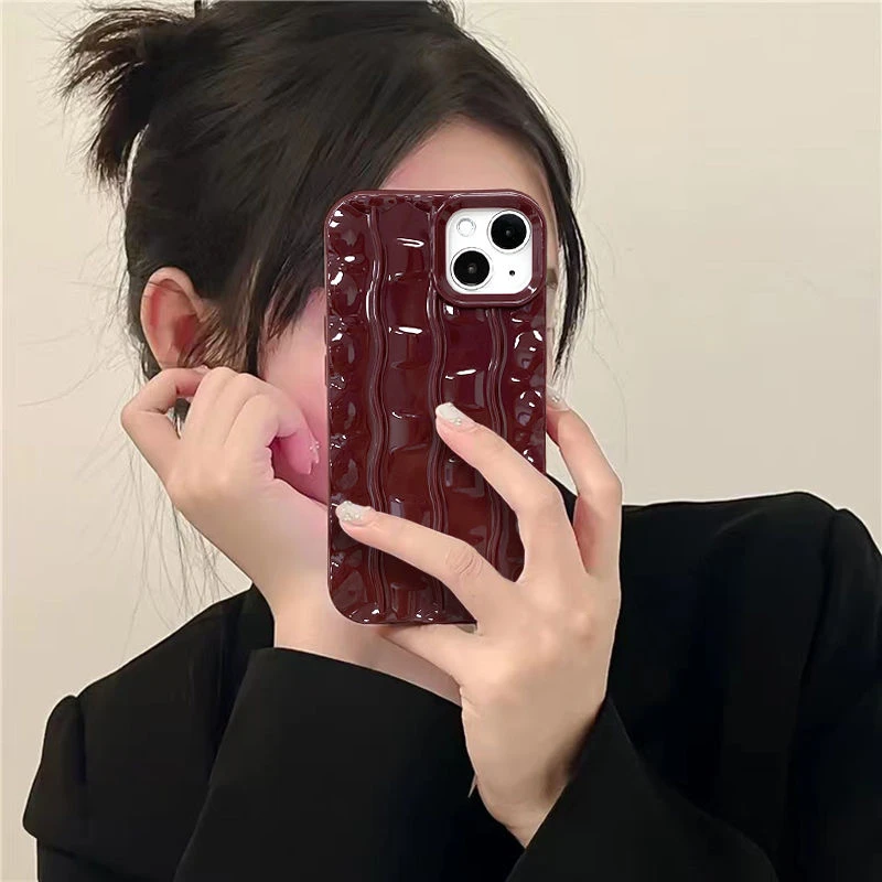 适用赫言复古酒红波浪纹苹果14PRO11手机壳iphoneXS/XR/13防摔12