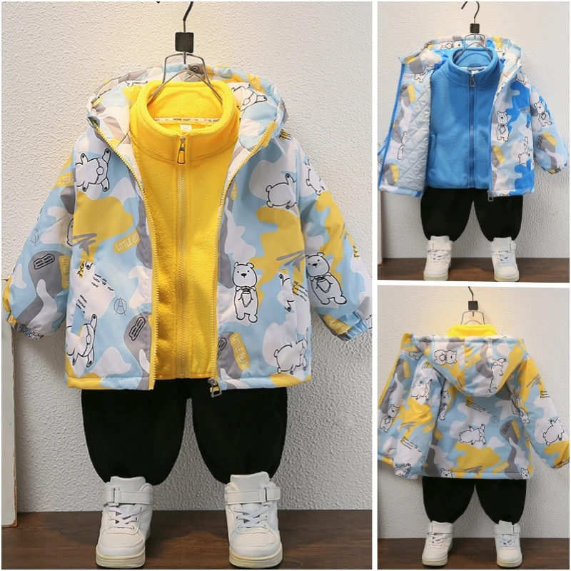 男童冲锋衣秋冬装2024新款儿童迷彩外套小童宝宝连帽内胆两件套潮