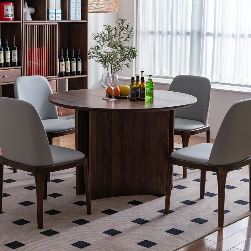 北美黑胡桃木实木圆桌餐厅现代北欧小户型饭桌家用圆形餐桌岩板款