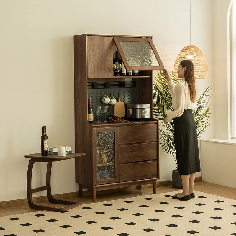 小户型家用实木展示柜北美黑胡桃木餐边柜靠墙厨房客厅边柜洞洞板
