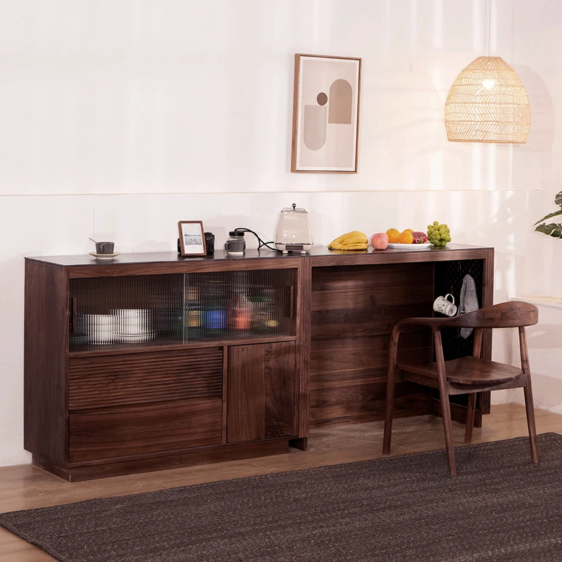 黑胡桃实木岛台餐桌一体可伸缩餐厅吧台岩板厨房料理台中岛台单独