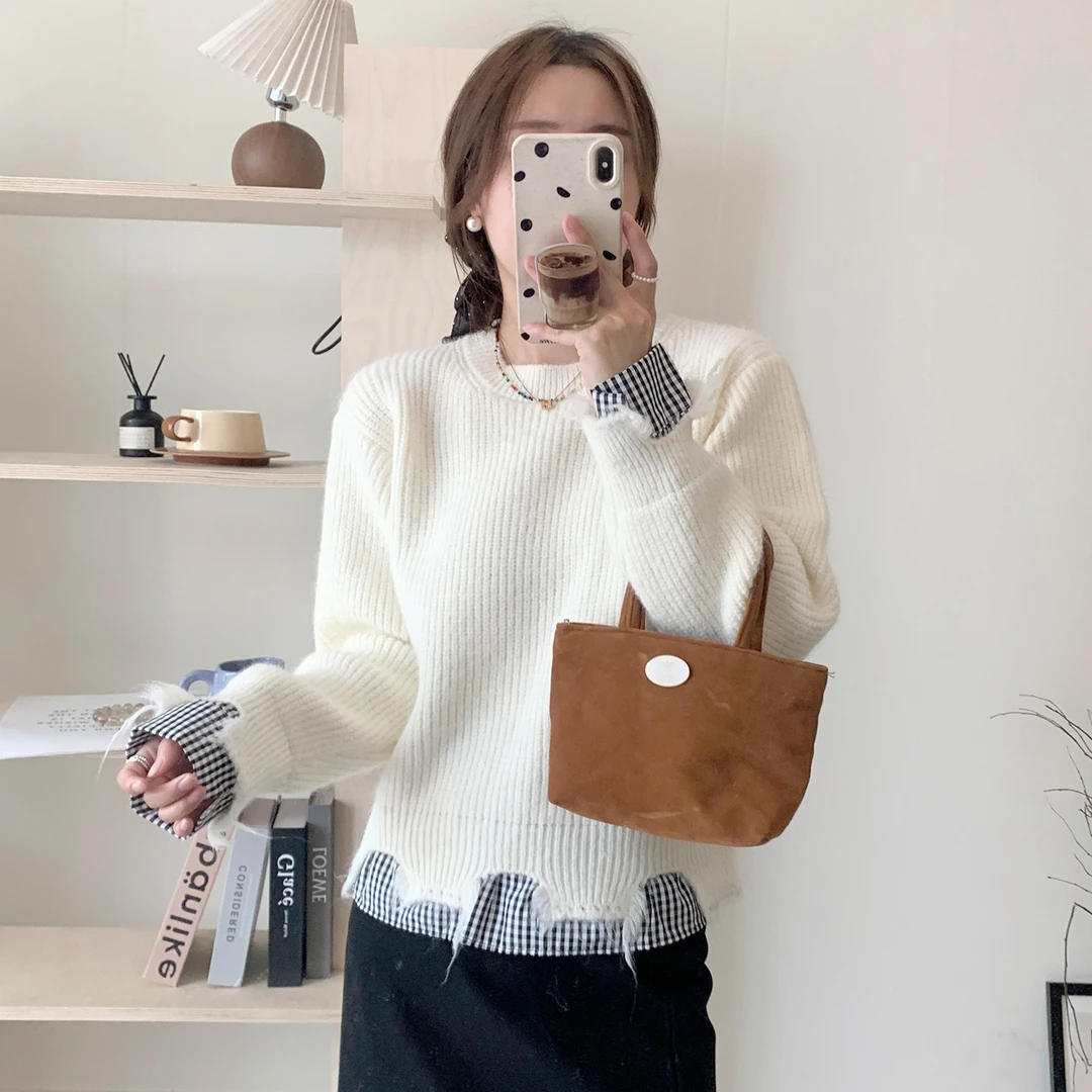 苏醒的乐园格子拼接假两件宽松SXMY32830百搭显瘦慵懒风套头毛衣