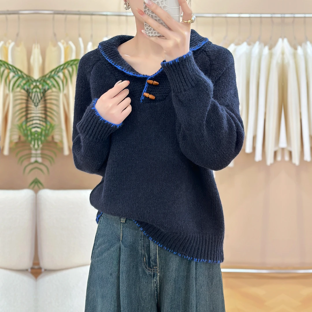 苏醒的乐园拼色边加厚SXMY32842百搭显瘦宽松洋气套头毛衣女