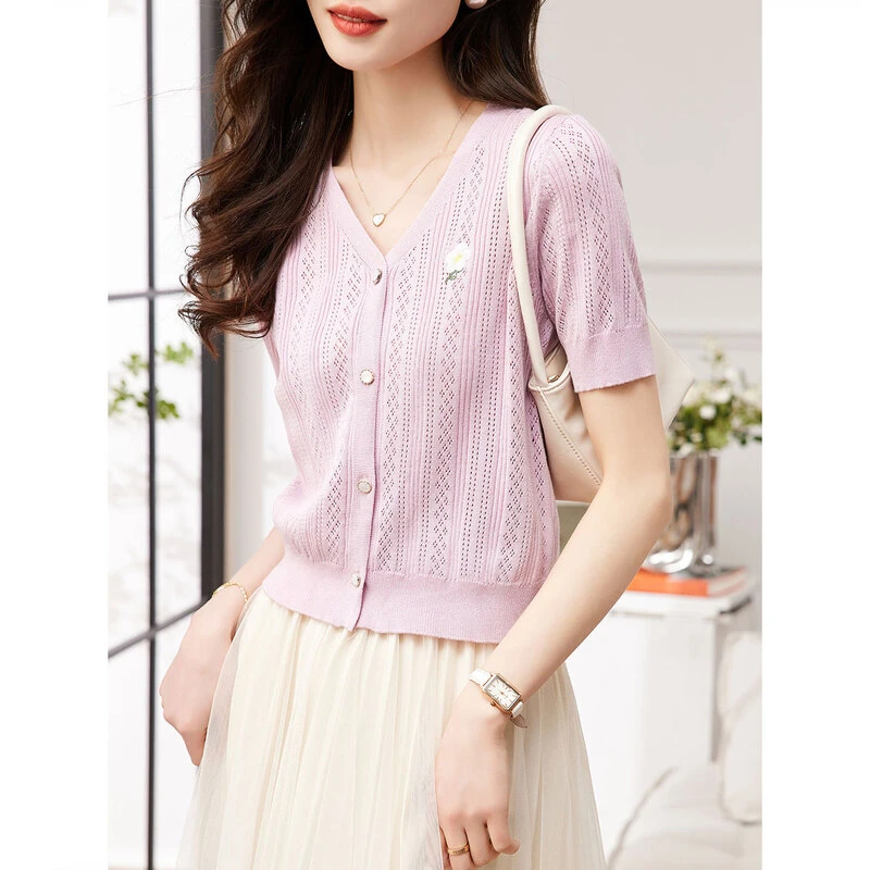 苏醒的乐园针织衫女夏季百搭SXZZS23047刺绣花短袖气质小开衫上衣