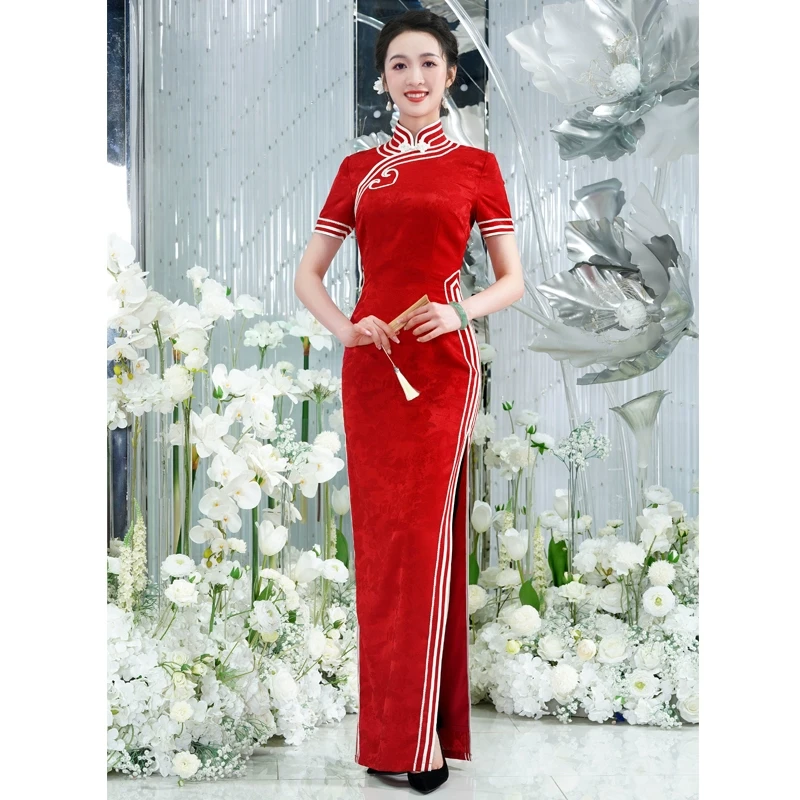 蔓萝澜旗袍年轻款2025新款红色高端妈妈装长款优雅走秀演出服