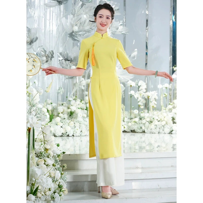 蔓萝澜奥黛阔腿裤两件套形体走秀表演服装黄色紫色复古中国风旗袍
