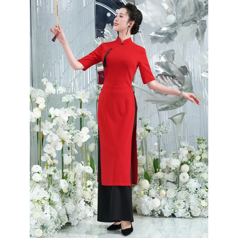 奥黛旗袍2025年新黑色免烫微弹走秀高端舞台演出服越南雅黛两件套