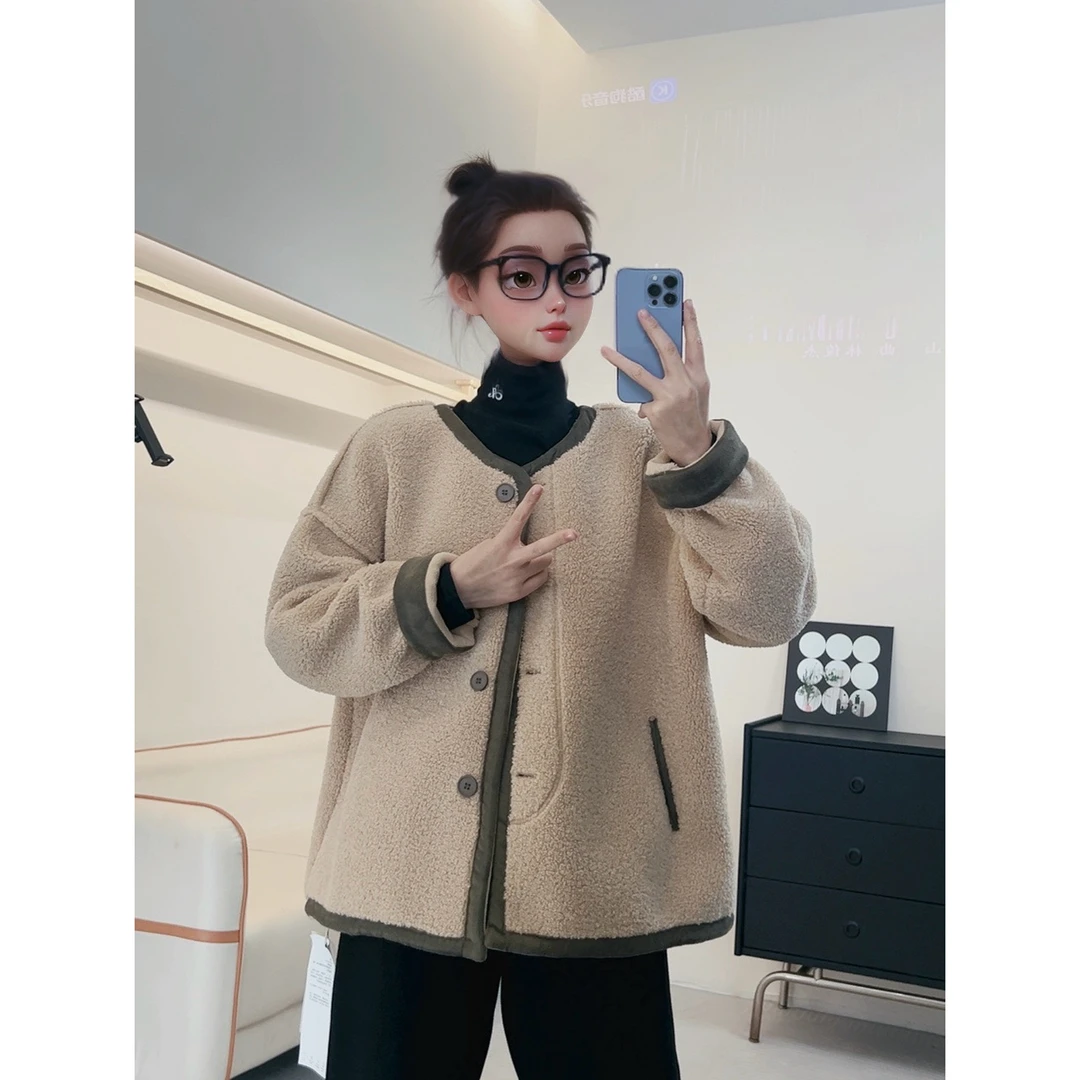 陈可乐【撞色毛外套】秋冬休闲百搭温柔系小个子羊羔毛外套-9668