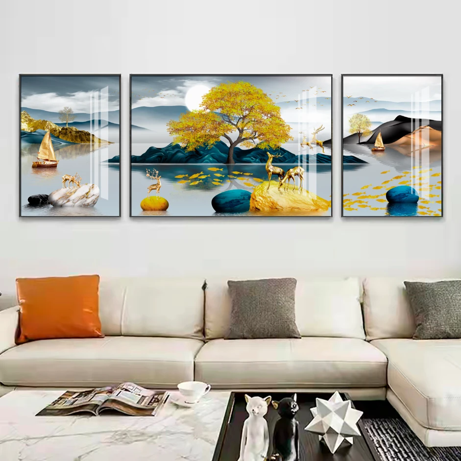 《石来运转》客厅装饰画三联画沙发背景画-晶瓷镶钻工艺装饰画