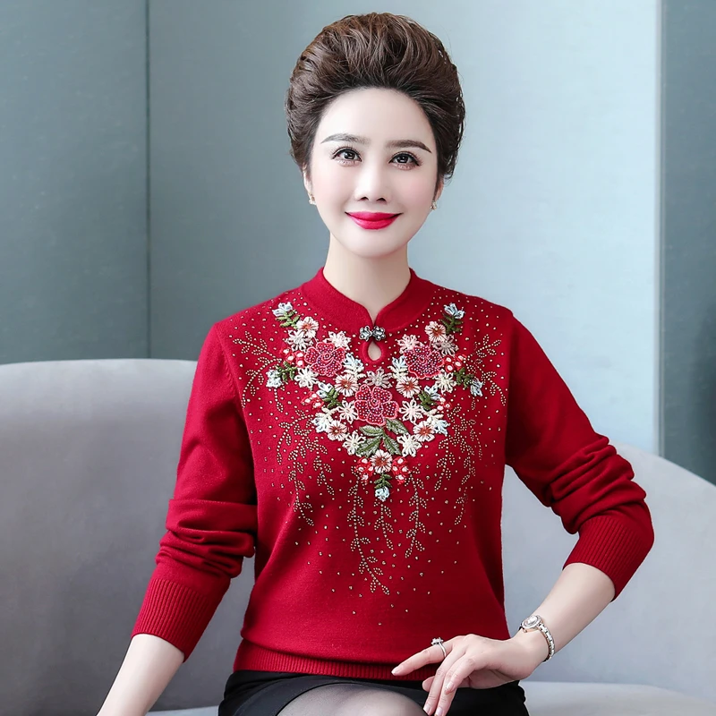 春秋中老年毛衣女妈妈装旗袍领绣花洋气宽松打底衫早春针织衫外套