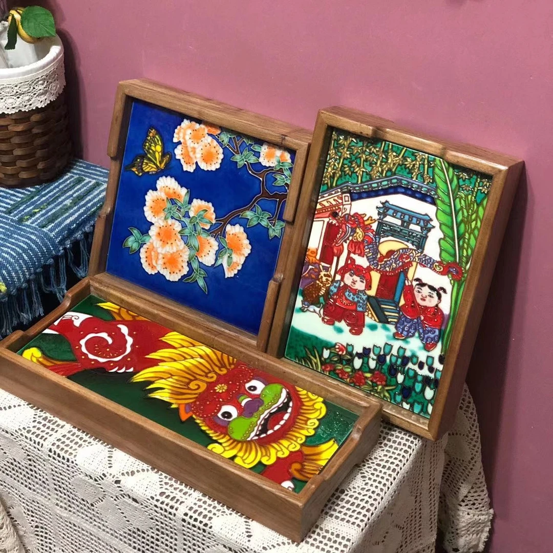 精美加厚框立体手工陶瓷画镶嵌木托盘 果盘 茶盘