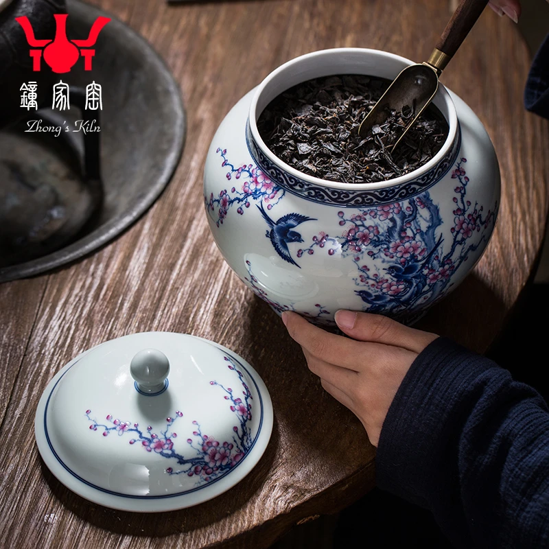 钟家窑茶叶罐景德镇陶瓷罐青花斗彩柴窑喜鹊梅花茶叶密封罐子大号