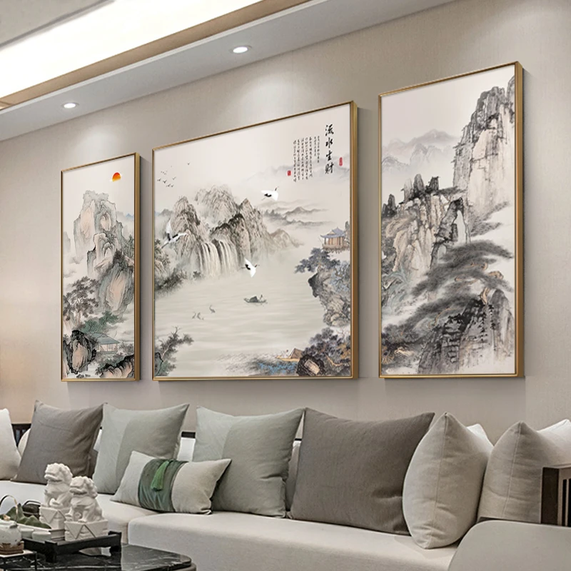 【三联】新中式客厅装饰画沙发背景挂画山水三联画办公室书房壁画