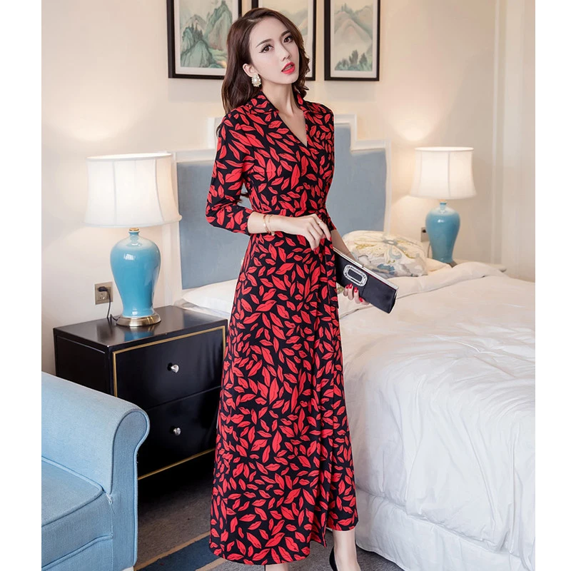 嫣源漫气质显瘦时尚夏季收腰名媛优雅法式红色修身印花女装连衣裙