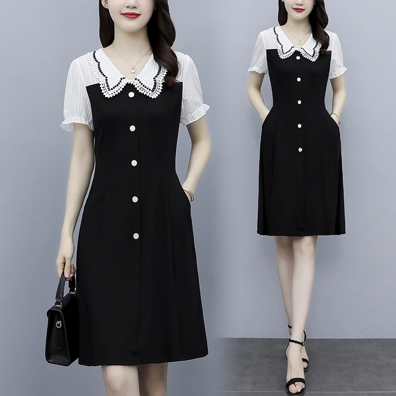 【L-5XL】2025夏季新款修身减龄娃娃领拼接黑色连衣裙