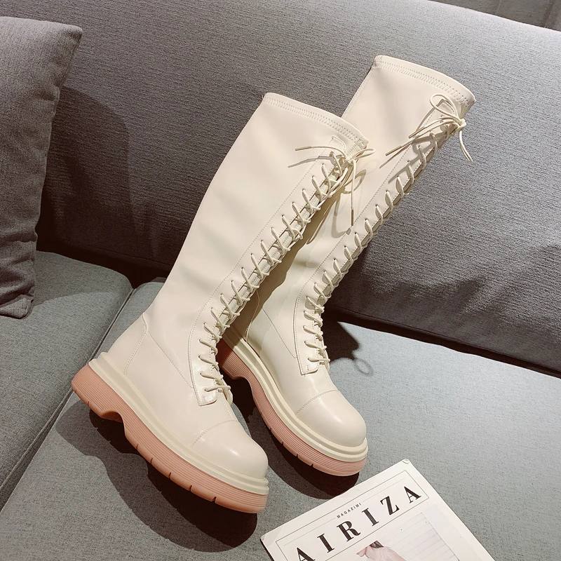 蜜桃弹力靴女2022春季新款系带厚底高筒靴后拉链长靴骑士时装靴