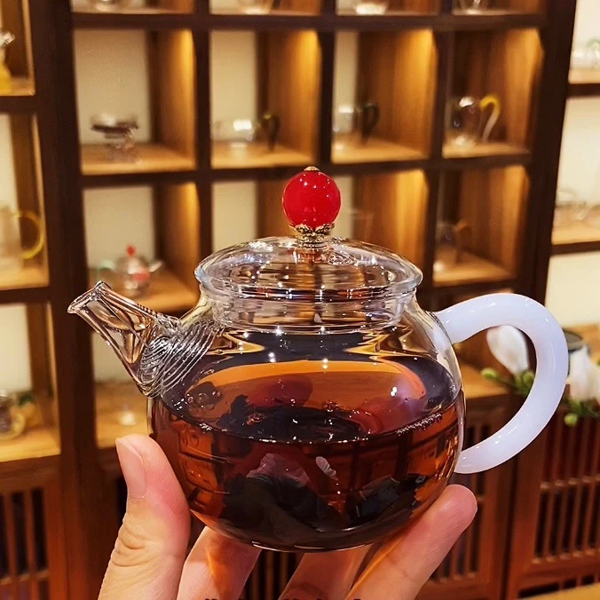 红牡丹小茶壶200ml耐高温高硼硅玻璃可过滤功夫茶具套装迷你茶壶