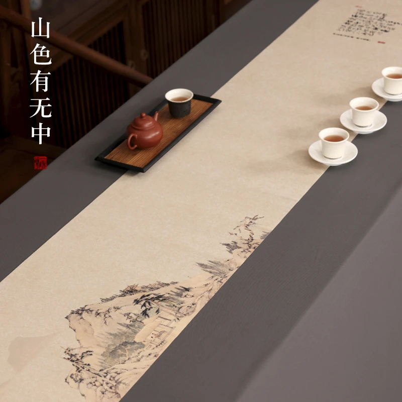 拾舍绢本彩绘茶席中式茶道茶桌茶巾干泡桌旗防水茶垫茶桌垫免洗大