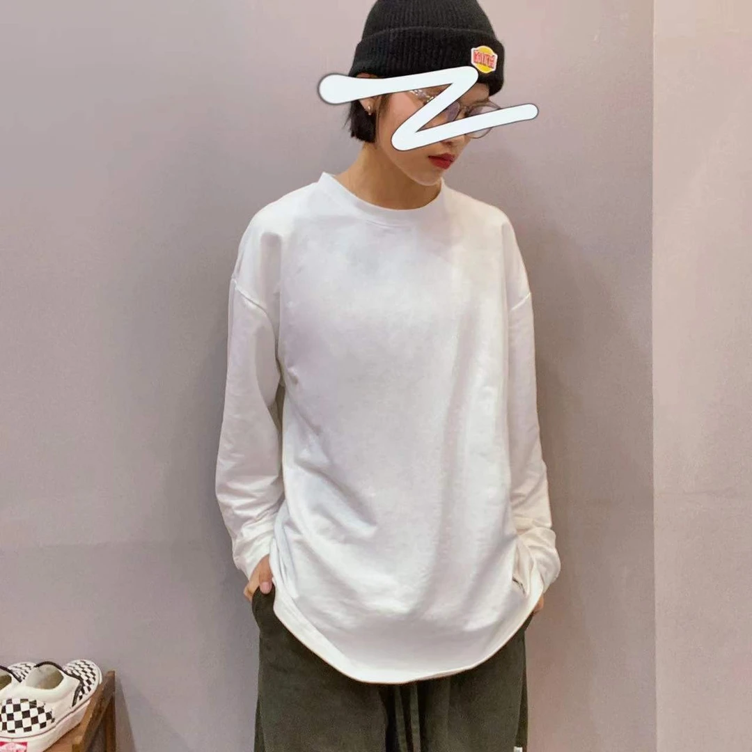 小新家百搭圆领叠穿下摆圆弧形设计宽松小毛圈长袖纯色T恤情侣款