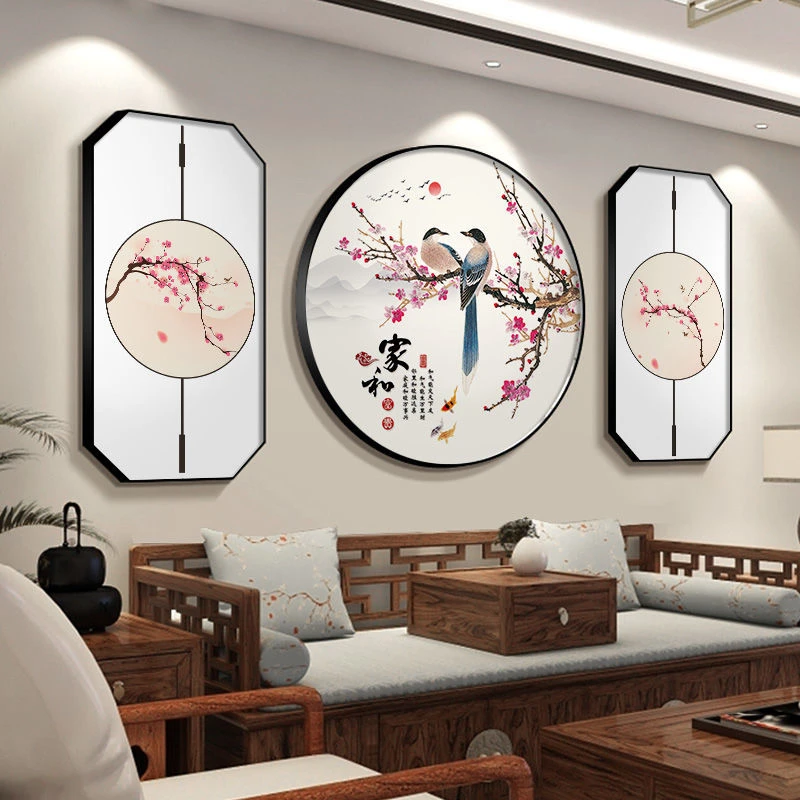 【菲菲家】新中式客厅装饰画花鸟圆形沙发背景墙挂画中国风三联